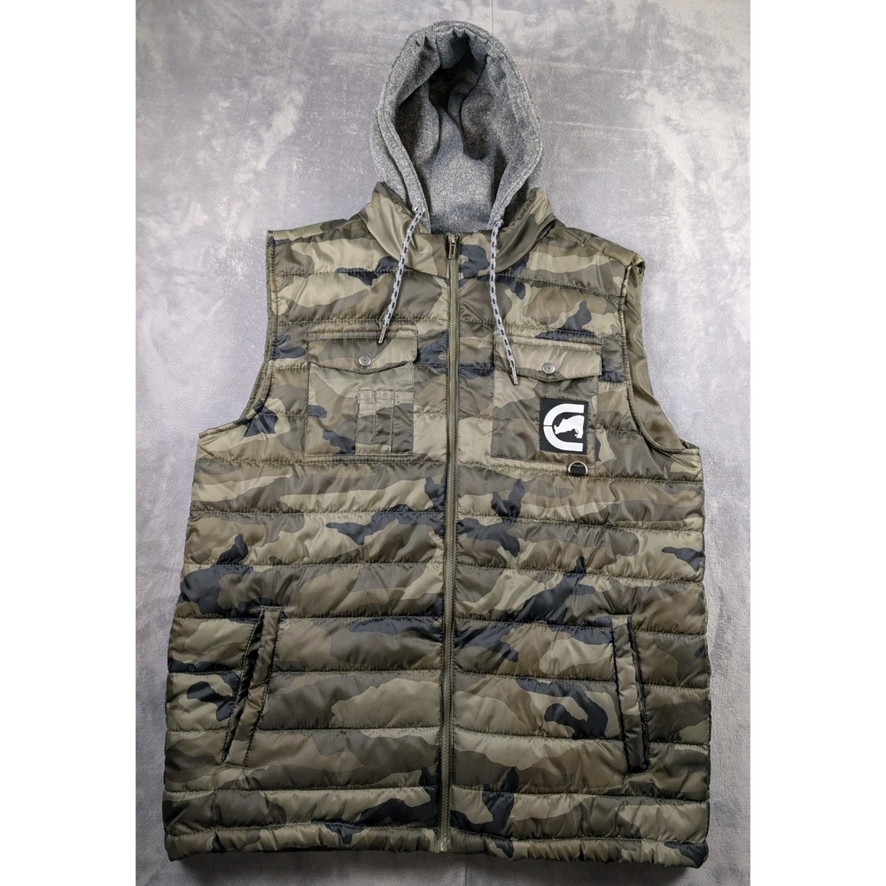 ECKO UNTLD Camo Hooded Puffer Packable Streetwear Y2K Grunge Vest Green Men's XL